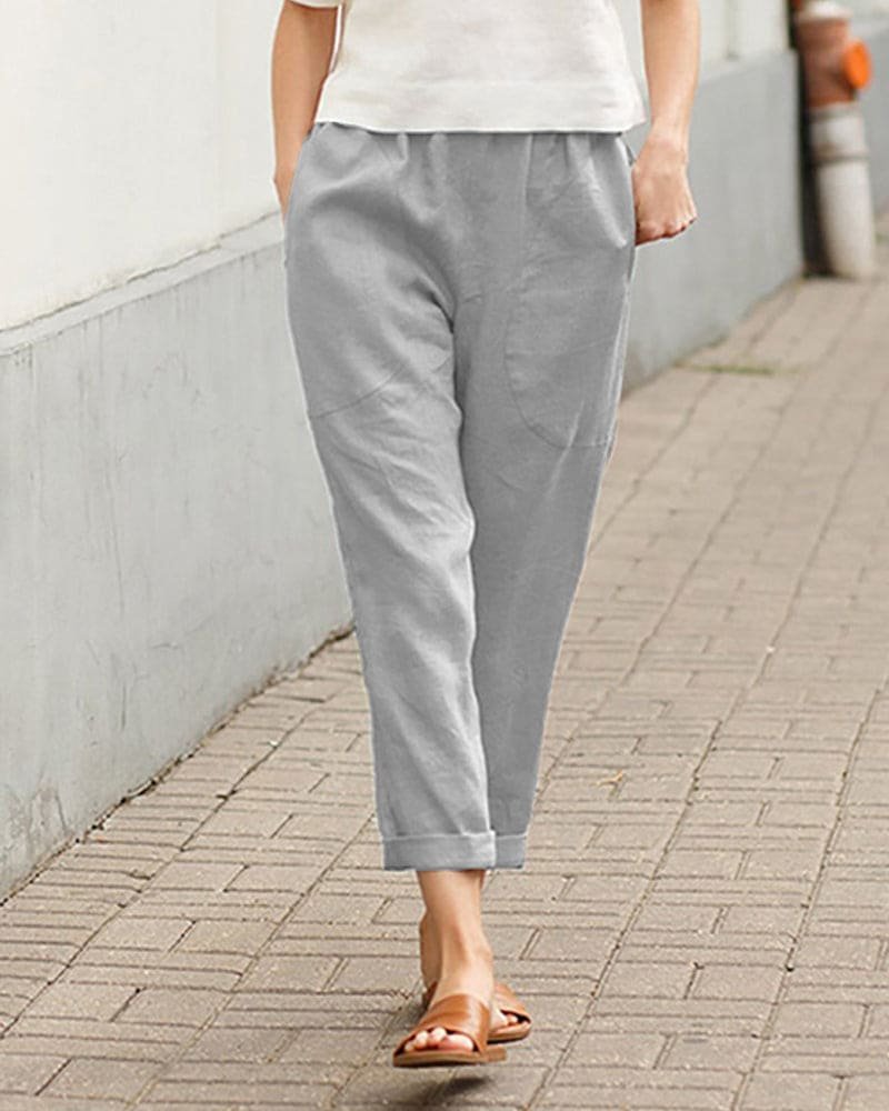 Women's Relaxed-Fit Elasticated-Waist Tapered Linen Trousers - Gray