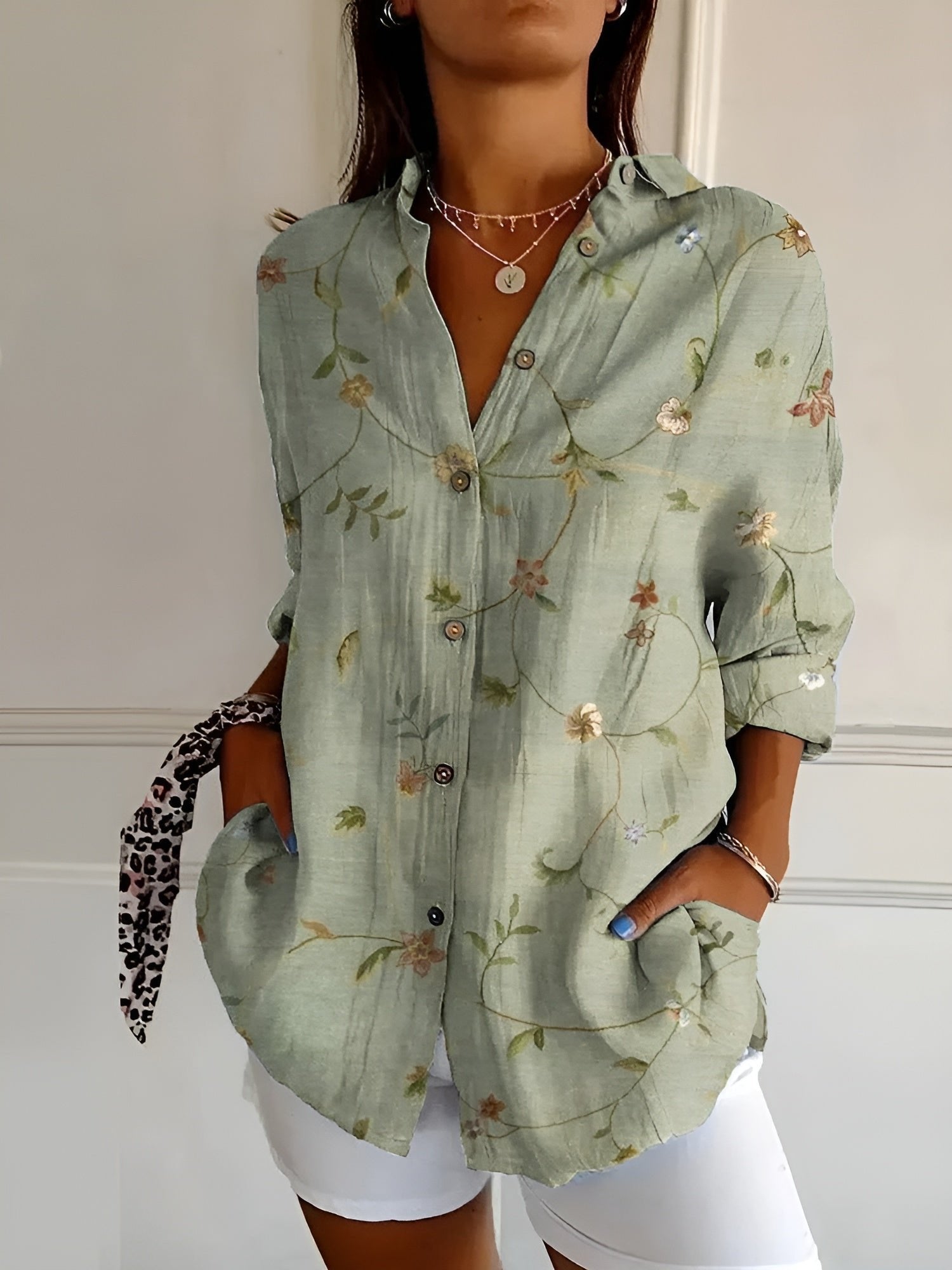 Women's Relaxed-Fit Floral Button-Down Lightweight Blouse - Green