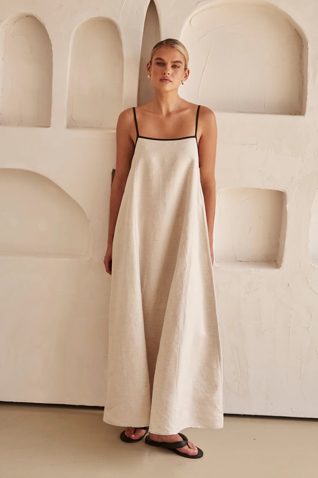 Women's Relaxed-Fit Linen Blend Contrast-Trim Maxi Dress - Cream