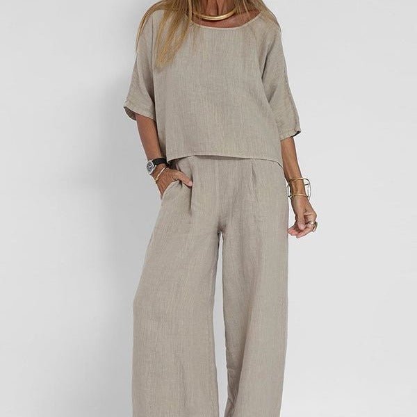 Women's Relaxed-Fit Linen-Look Co-ord Two-Piece Lounge Set - Light Gray