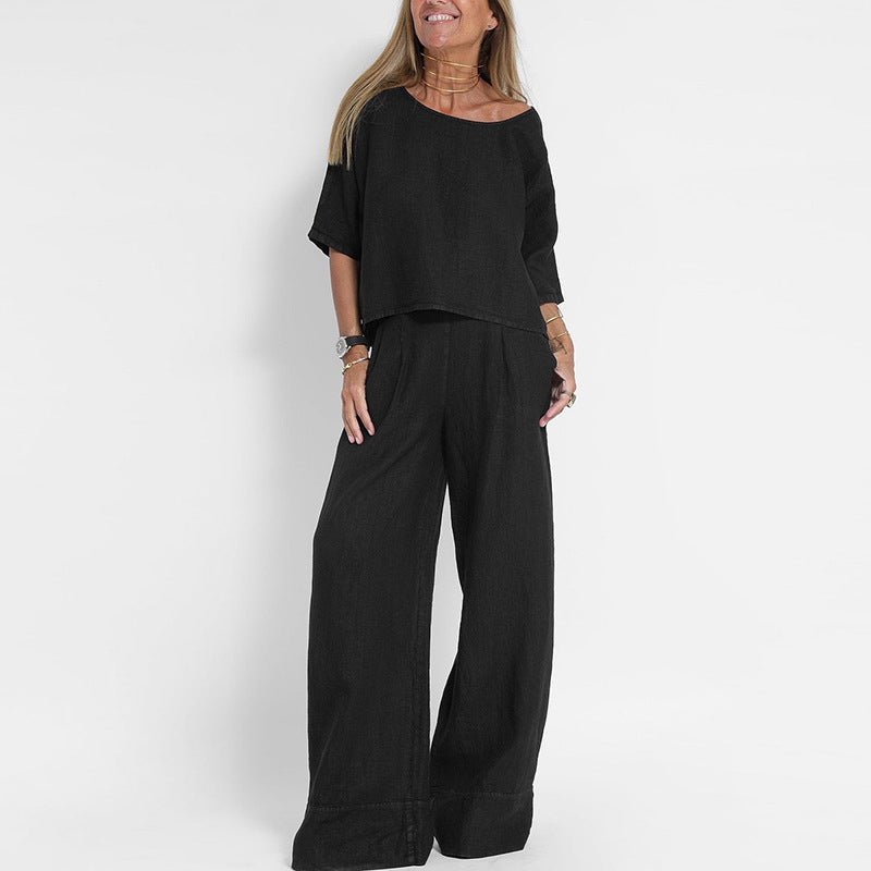 Women's Relaxed-Fit Linen-Look Co-ord Two-Piece Lounge Set - Black