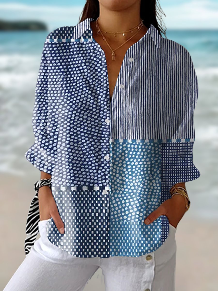 Women's Relaxed-Fit Patchwork Print Long-Sleeve Button-Up Blouse - Multicolour