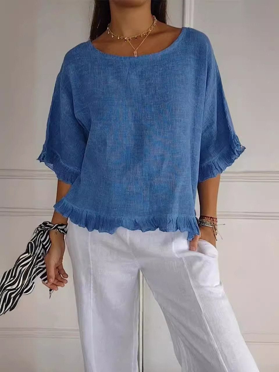 Women's Relaxed-Fit Ruffle-Hem Lightweight Linen Blouse - Blue (Almost sold out)