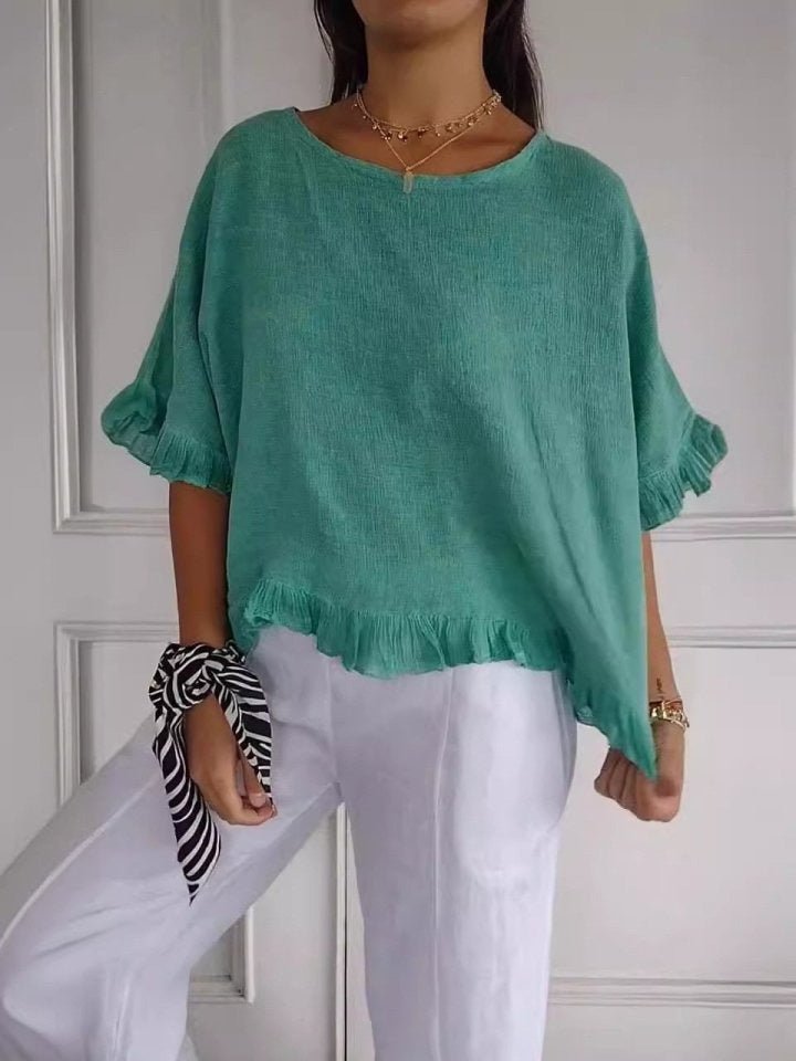 Women's Relaxed-Fit Ruffle-Hem Lightweight Linen Blouse - Green (Almost sold out)