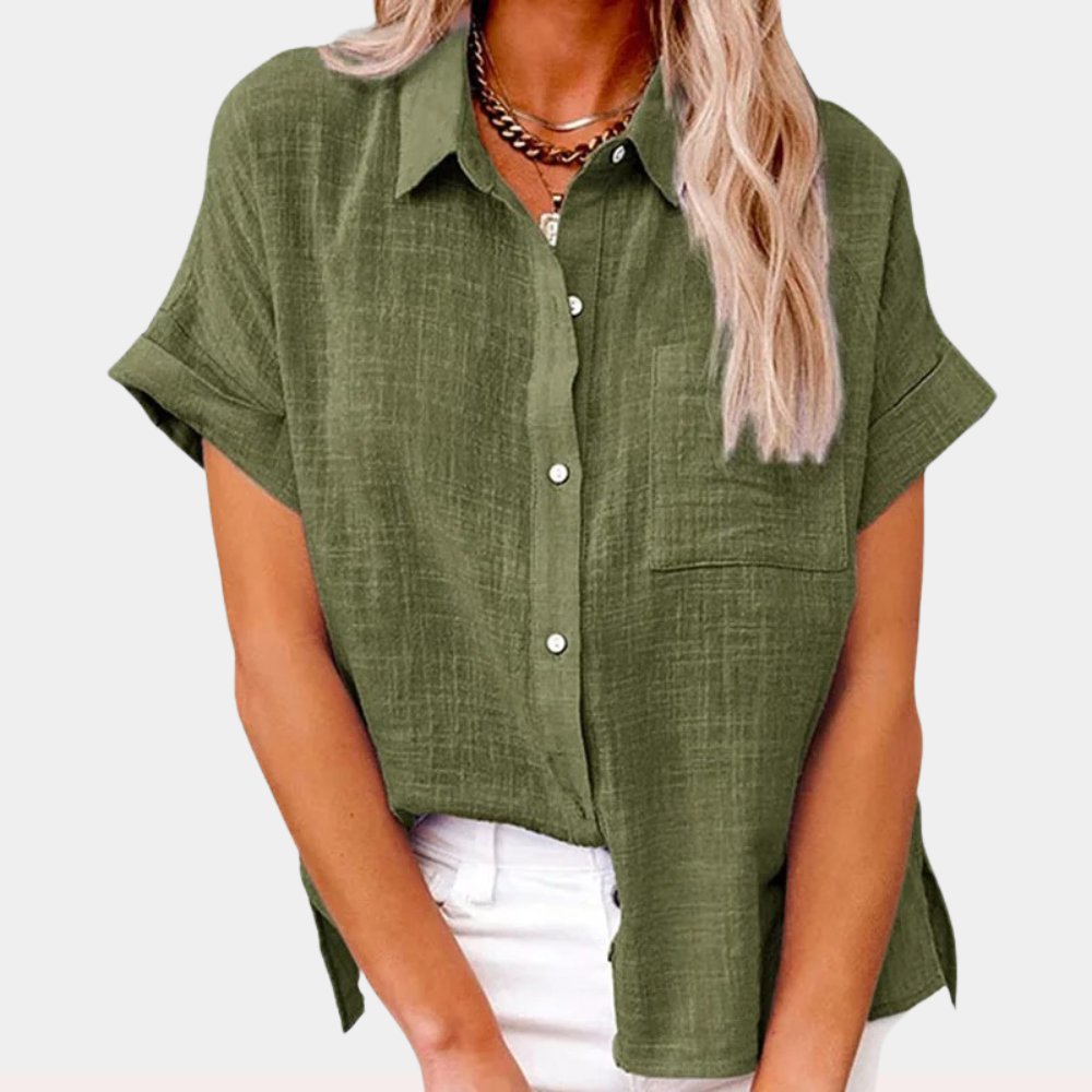 Women's Relaxed-Fit Short-Sleeve Button-Down Linen-Look Shirt - Green