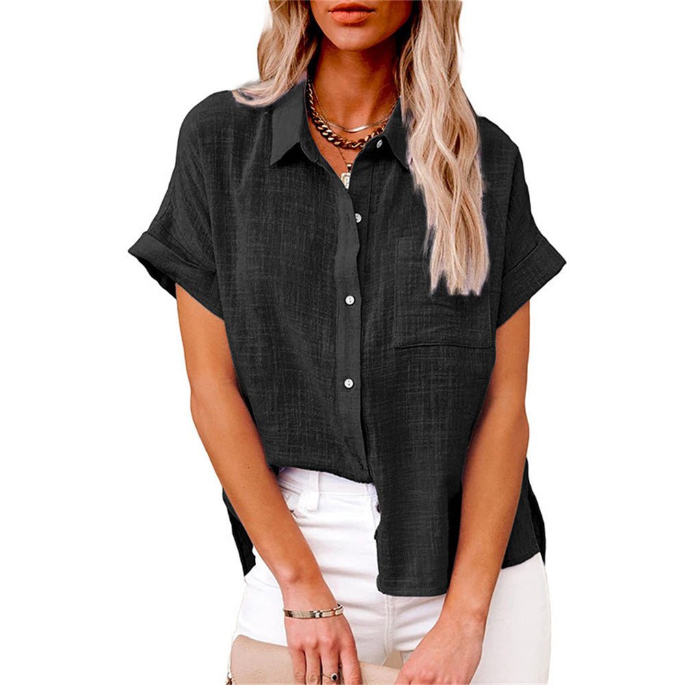 Women's Relaxed-Fit Short-Sleeve Button-Down Linen-Look Shirt - Black