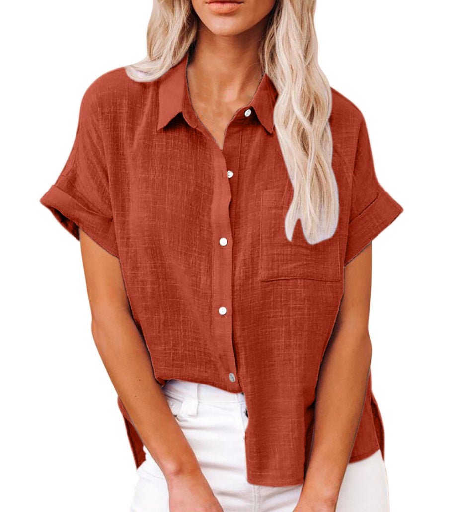 Women's Relaxed-Fit Short-Sleeve Button-Down Linen-Look Shirt - Red