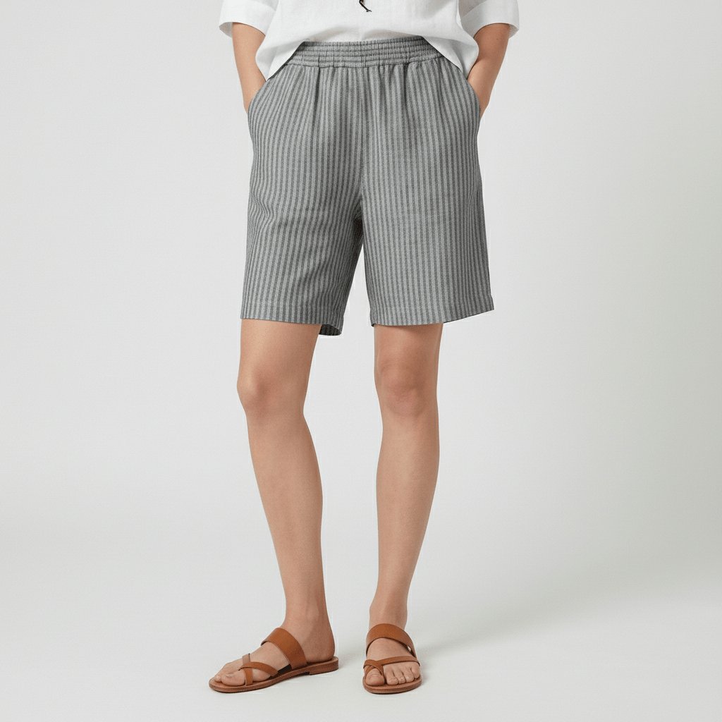 Women's Relaxed-Fit Striped Elastic-Waist Casual Summer Shorts - Stone Grey
