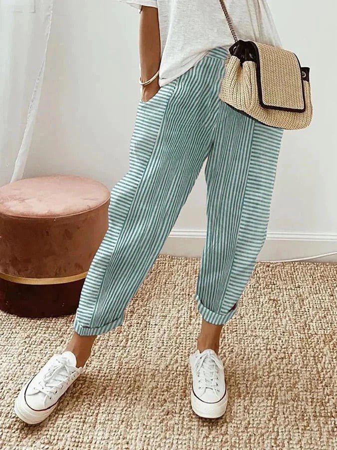 Women's Relaxed-Fit Striped Linen-Feel Elasticated-Waist Tapered Trousers - Green