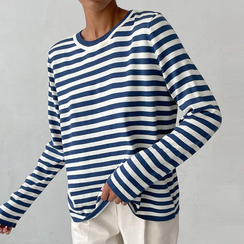 Women's Relaxed-Fit Striped Long-Sleeve Knit Jumper Top - Blue