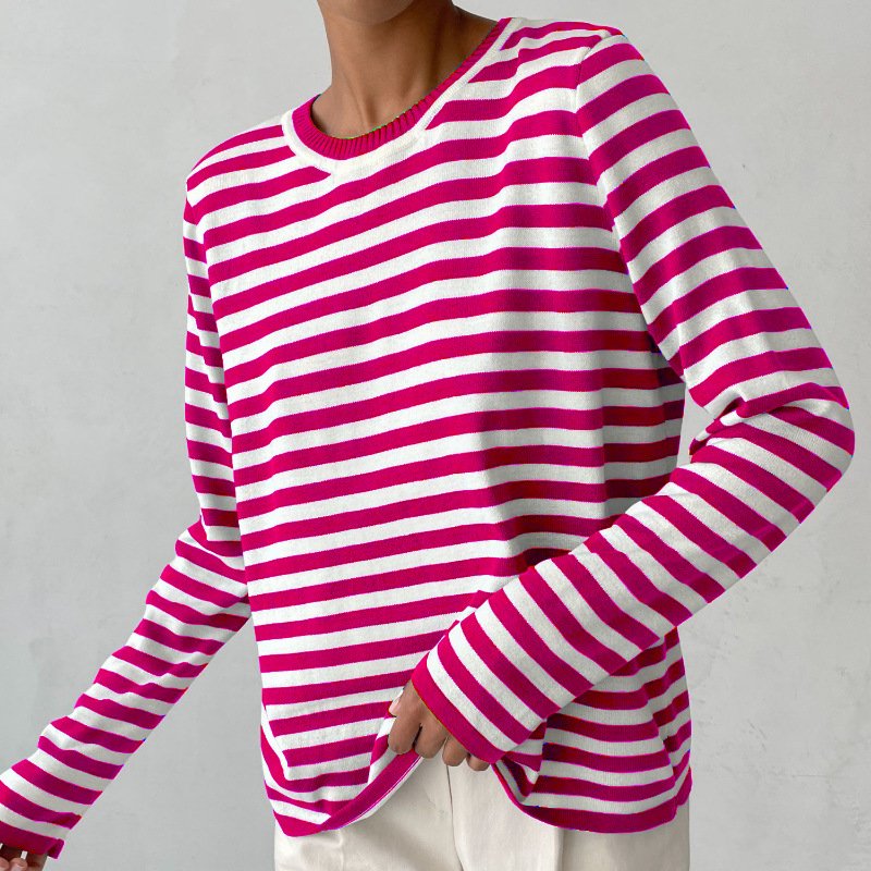 Women's Relaxed-Fit Striped Long-Sleeve Knit Jumper Top - Pink