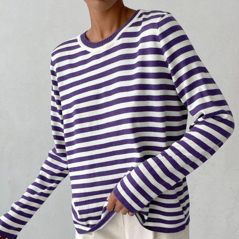 Women's Relaxed-Fit Striped Long-Sleeve Knit Jumper Top - Purple