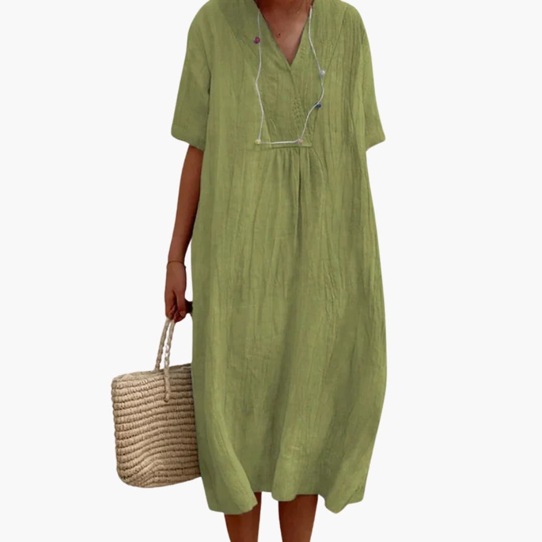 Women's Relaxed-Fit V-Neck Button Placket Linen Midi Dress - Green