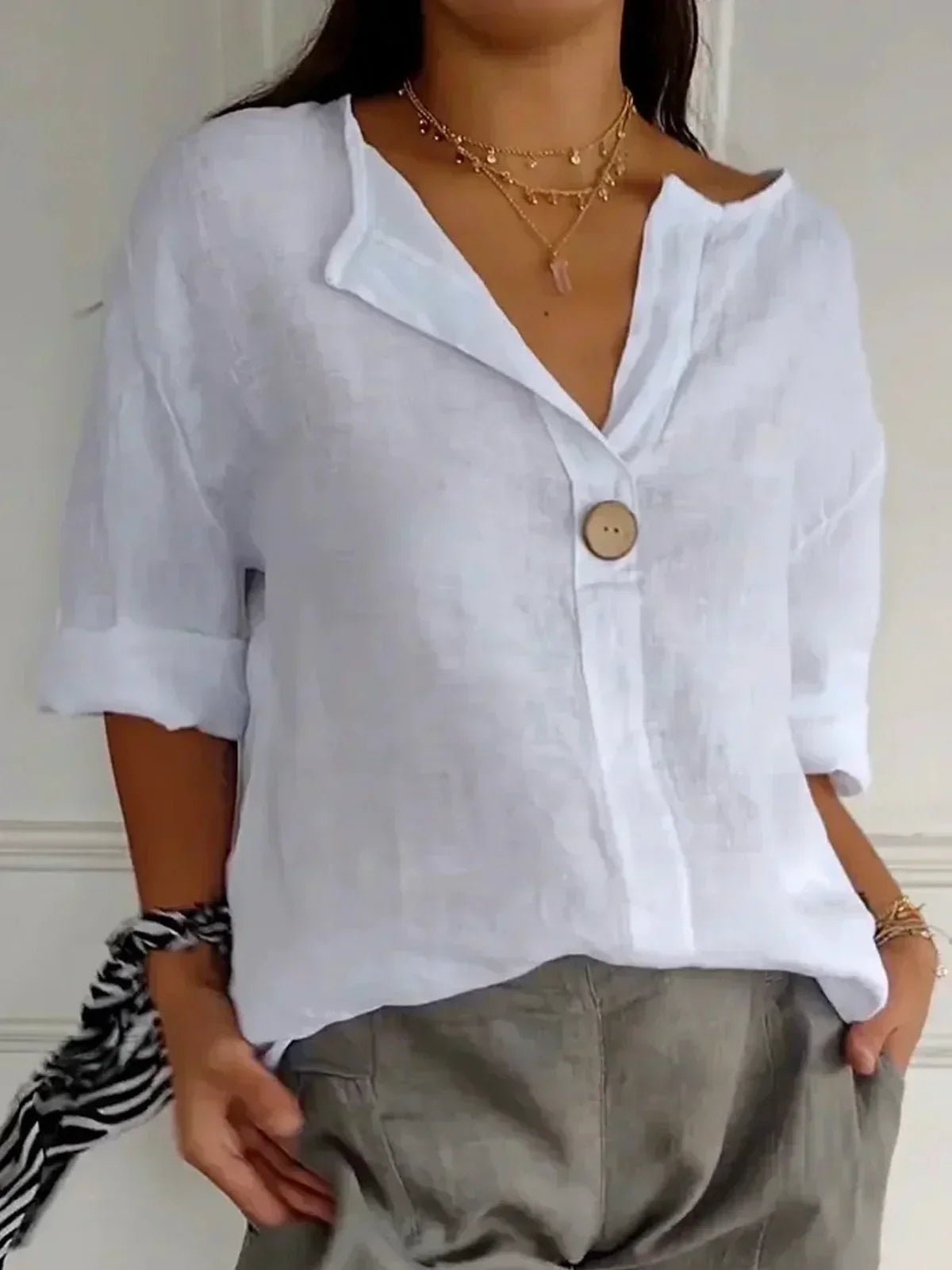 Women's Relaxed-Fit V-Neck Three-Quarter Sleeve Linen Blouse - White