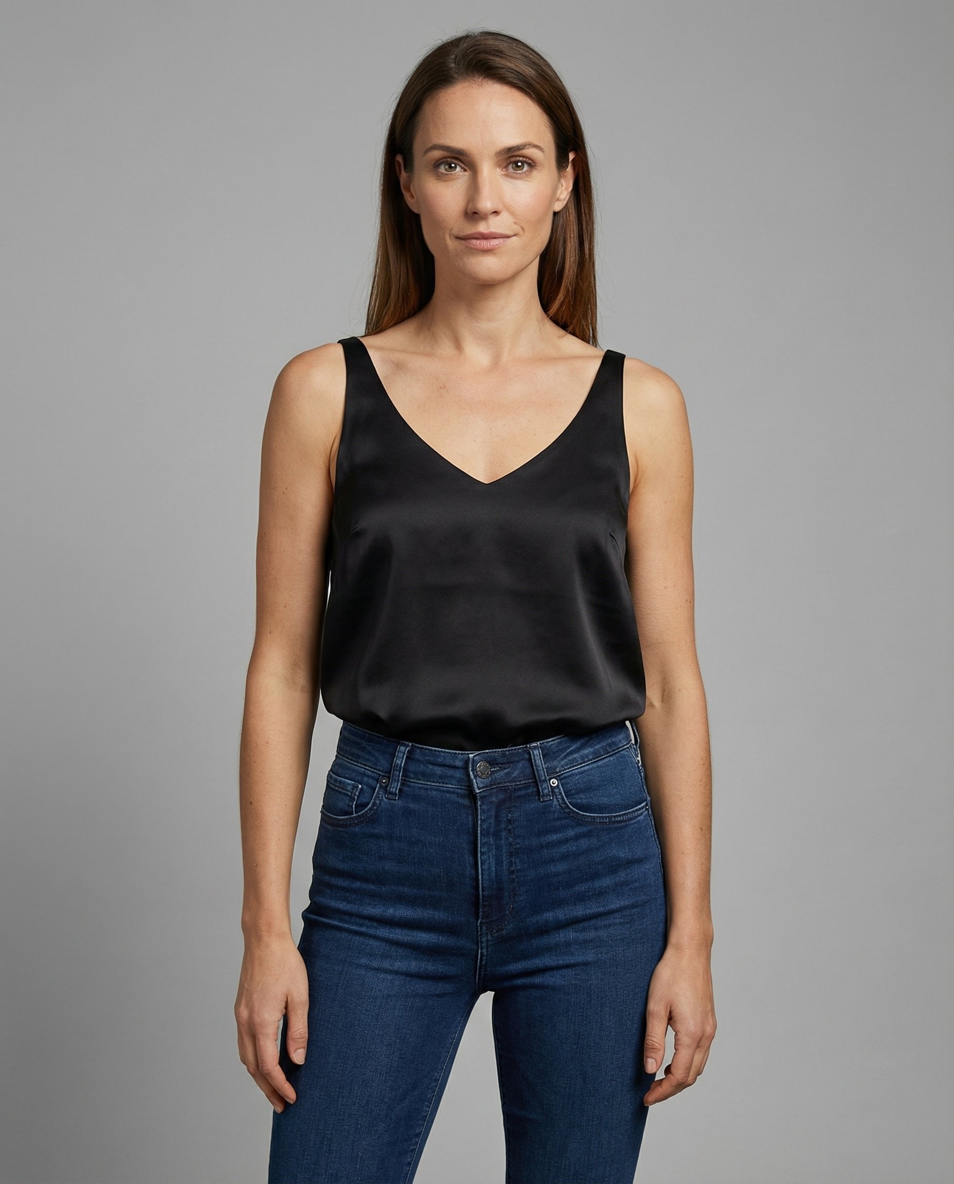 Women's Relaxed-Fit V-Neck Wide-Strap Satin Camisole Top - Black