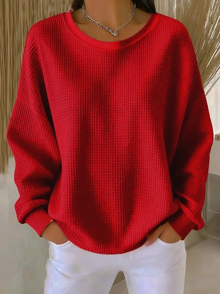 Women's Relaxed-Fit Waffle-Knit Long-Sleeve Crew-Neck Jumper - Red