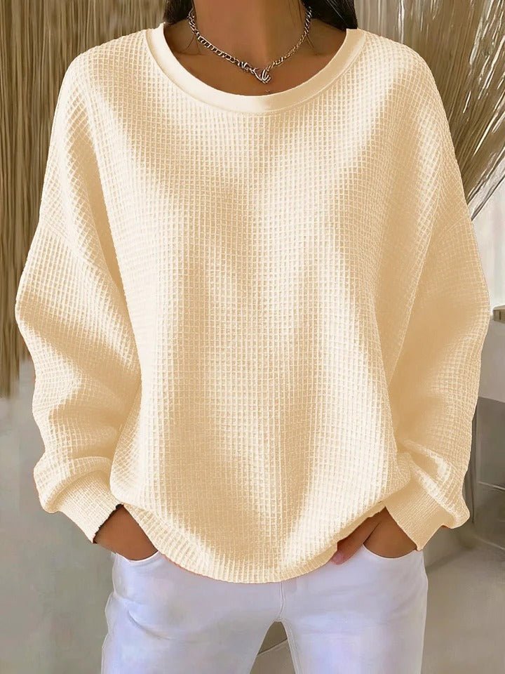 Women's Relaxed-Fit Waffle-Knit Long-Sleeve Crew-Neck Jumper - Apricot
