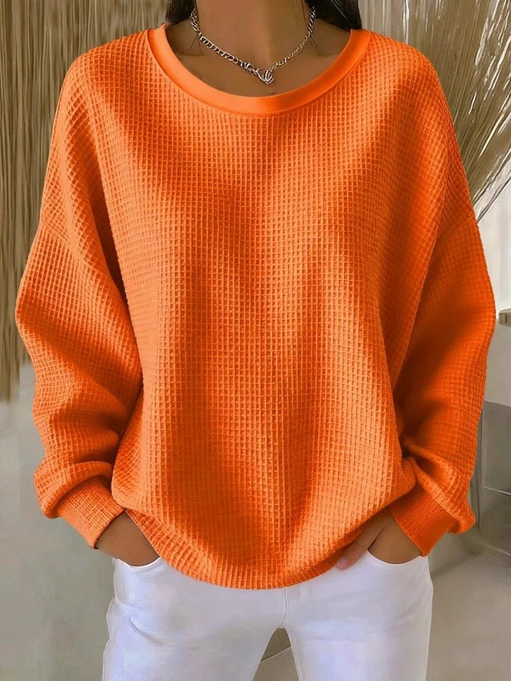 Women's Relaxed-Fit Waffle-Knit Long-Sleeve Crew-Neck Jumper - Orange