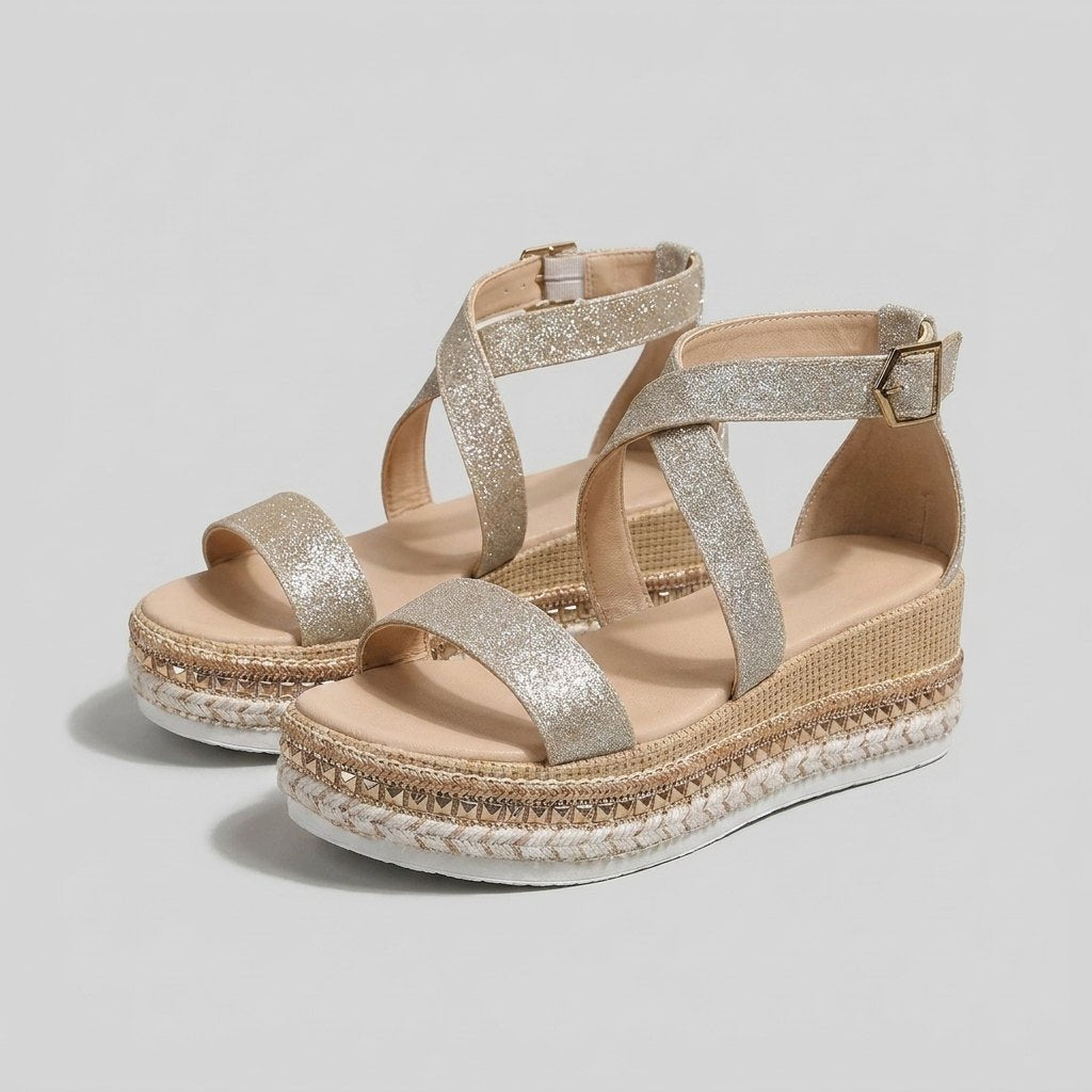 Women's Rose Gold Metallic Open-Toe Espadrille Platform Sandals - Silver