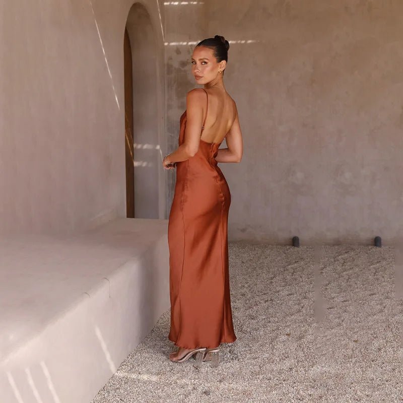 Women's Satin Cowl-Neck Open-Back Bodycon Maxi Dress