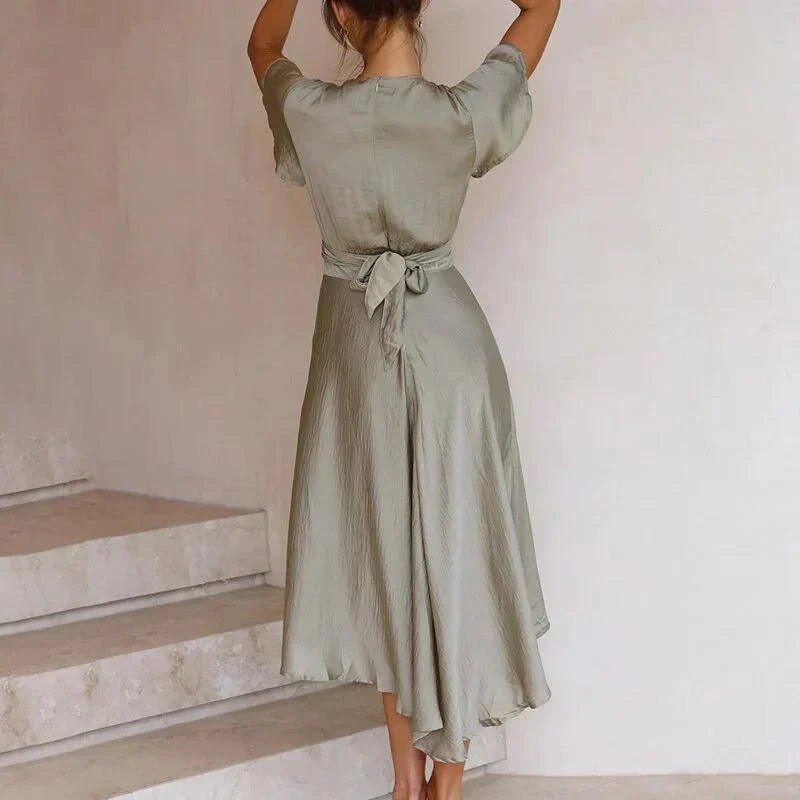 Women's Satin Deep V-Neck Flutter Sleeve Asymmetric Midi Dress