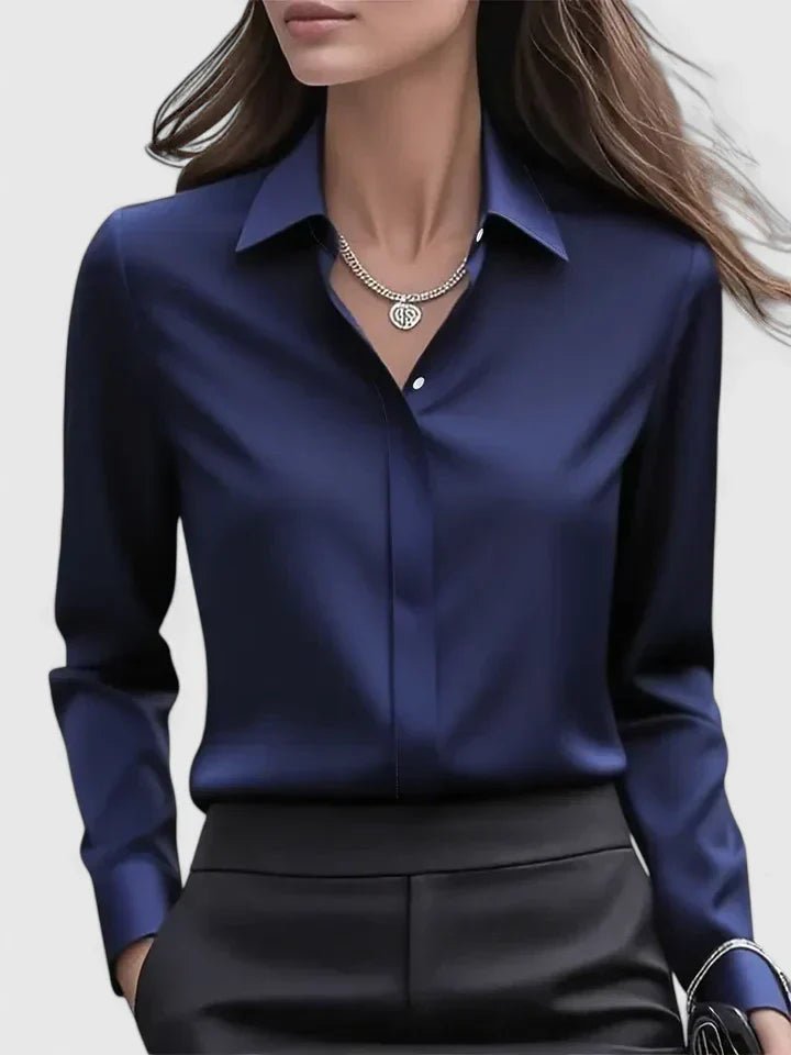 Women's Satin-Finish Concealed Placket Long-Sleeve Button-Down Shirt - Navy Blue