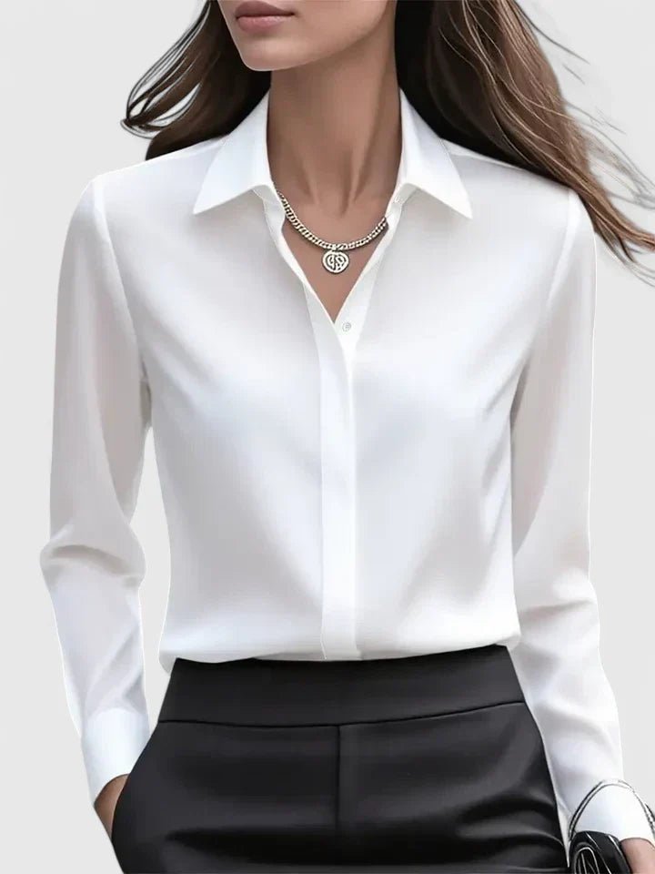 Women's Satin-Finish Concealed Placket Long-Sleeve Button-Down Shirt - White