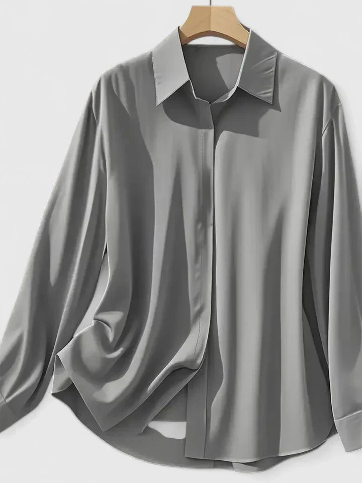 Women's Satin-Finish Concealed Placket Long-Sleeve Button-Down Shirt