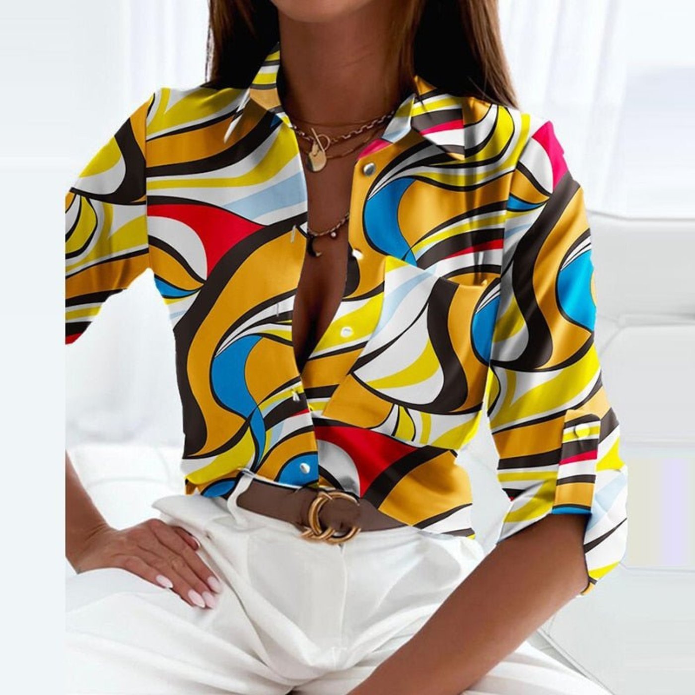 Women's Satin Striped Button-Down Long-Sleeve Blouse - Yellow
