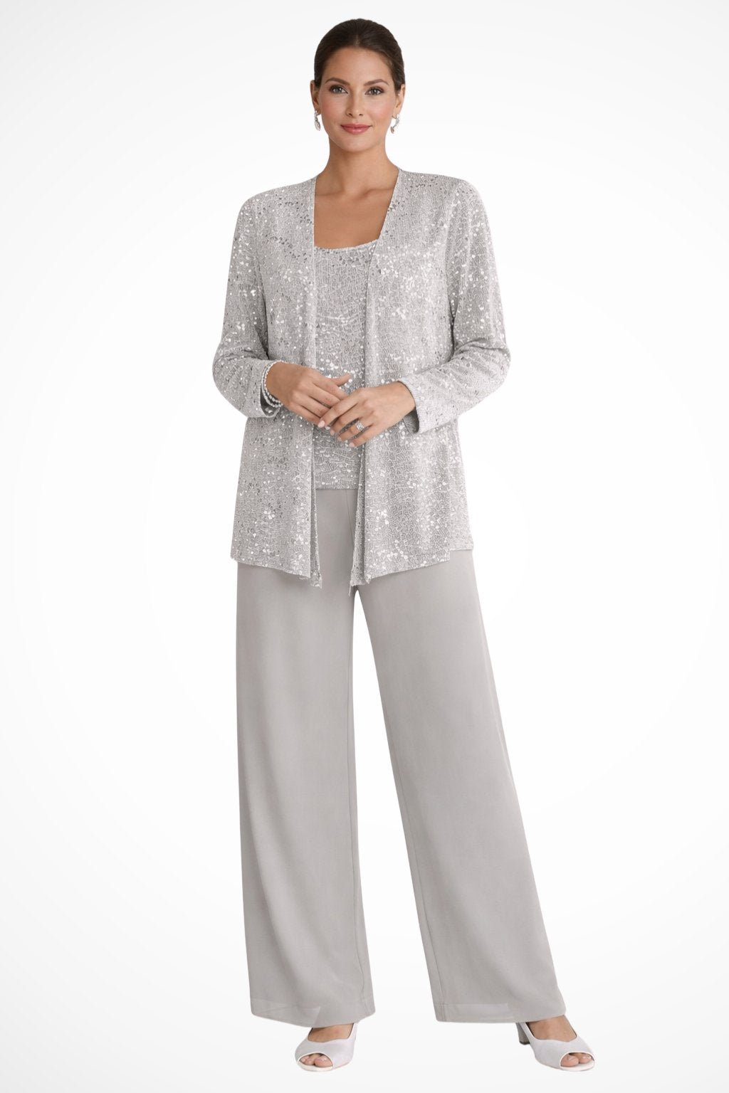 Women's Sequin Embellished Three-Piece Wide-Leg Trouser Set - Grey