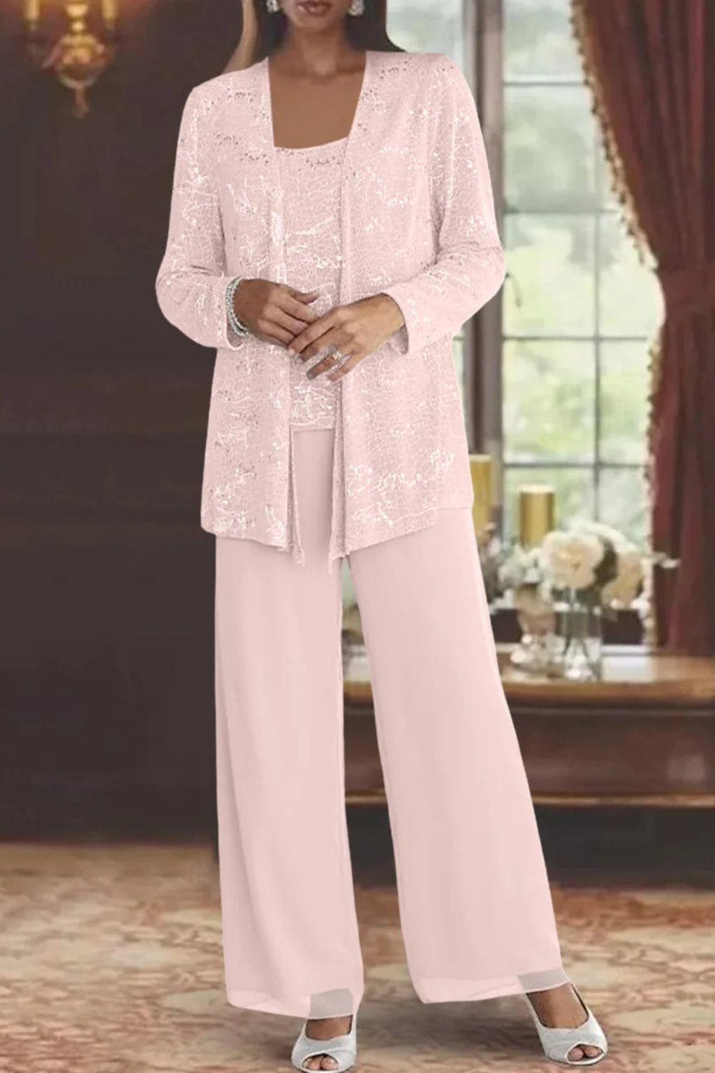Women's Sequin Embellished Three-Piece Wide-Leg Trouser Set