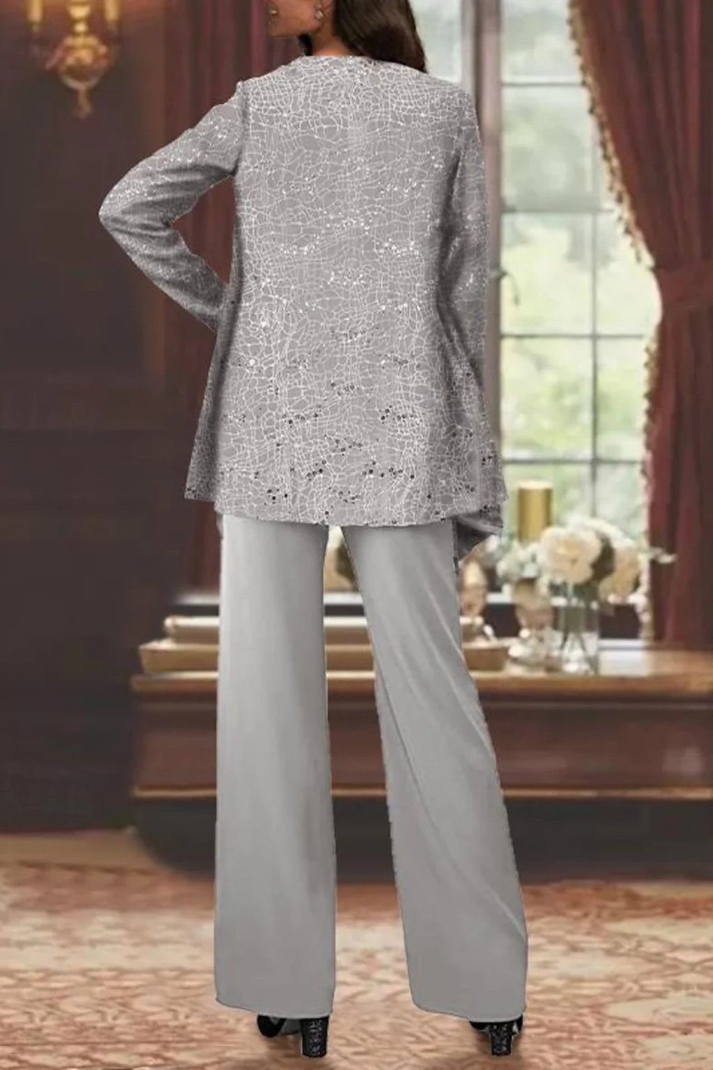 Women's Sequin Embellished Three-Piece Wide-Leg Trouser Set