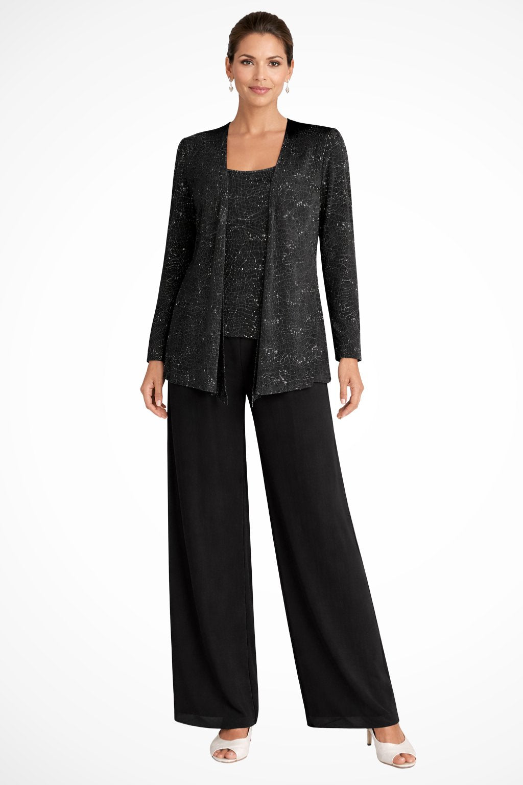 Women's Sequin Embellished Three-Piece Wide-Leg Trouser Set - Black