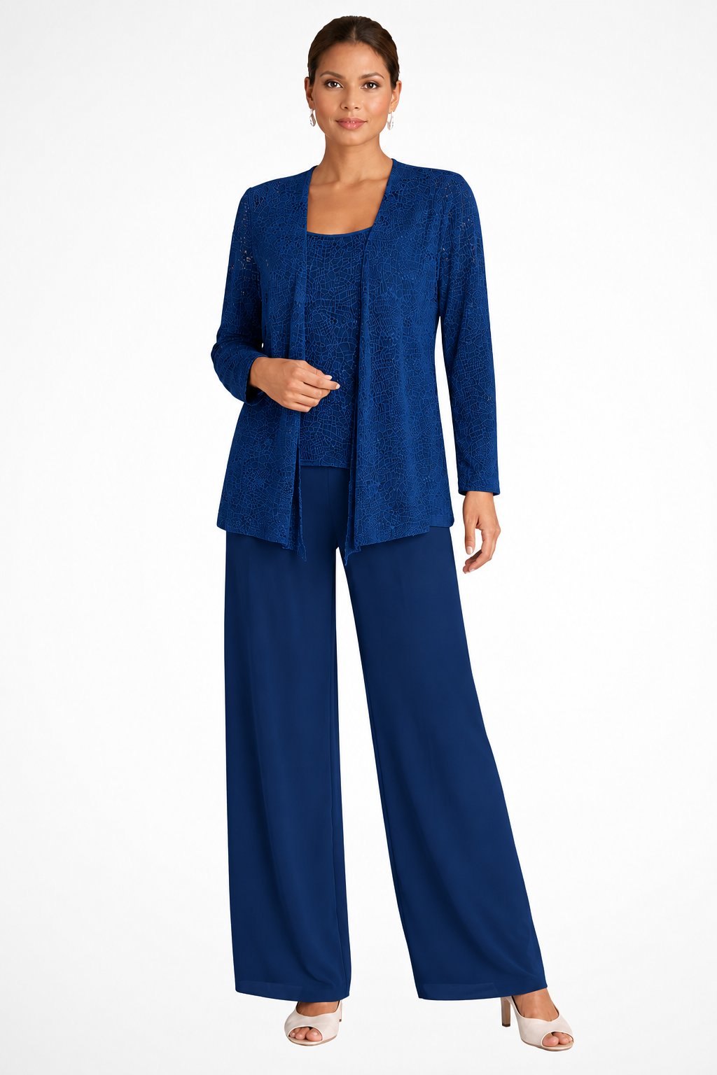 Women's Sequin Embellished Three-Piece Wide-Leg Trouser Set - Navy Blue