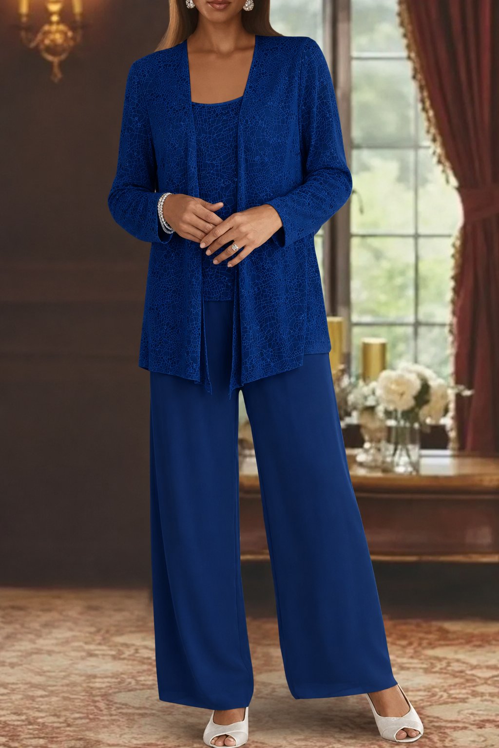 Women's Sequin Embellished Three-Piece Wide-Leg Trouser Set