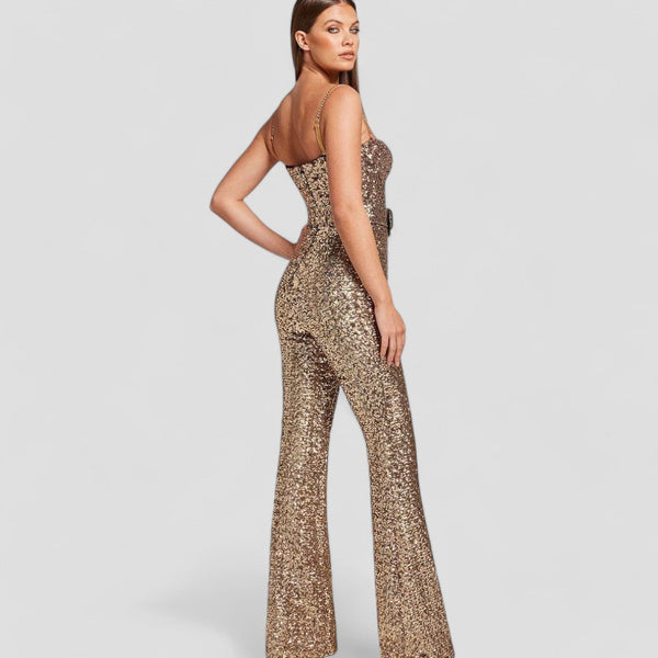 Women’s Sequin Flare Jumpsuit - Strappy Belted Evening Wear