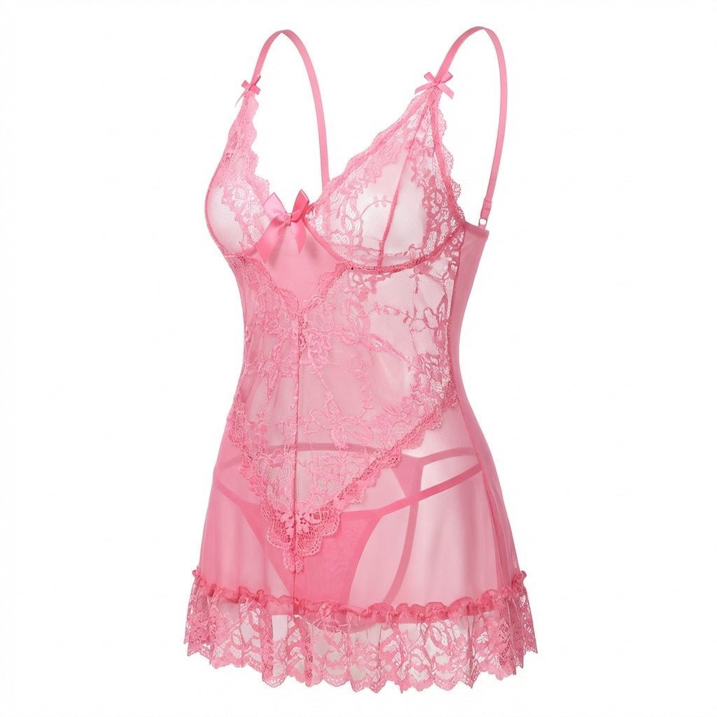 Women's Sheer Mesh Floral Lace Scallop-Hem Chemise - Pink