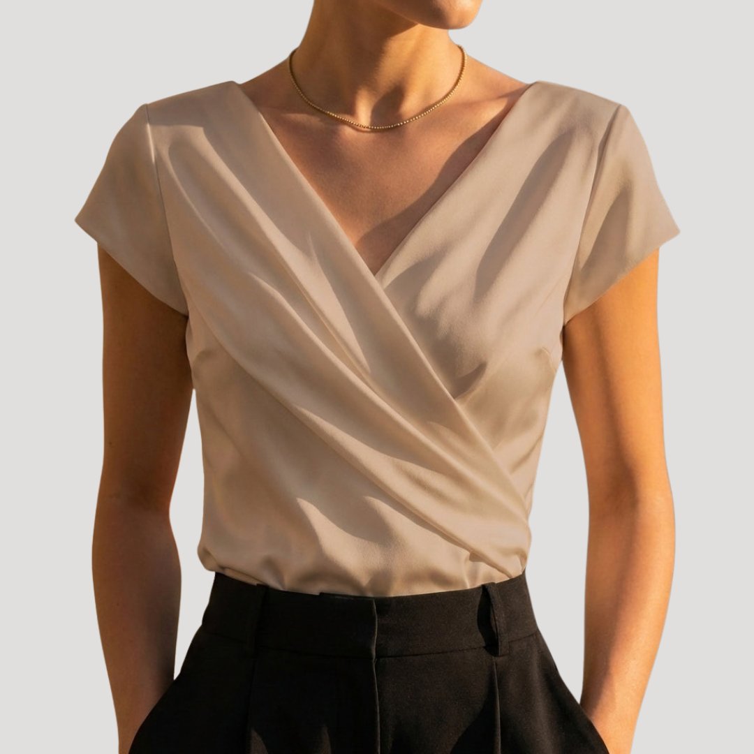Women's Short Sleeve Draped Wrap V-Neck Blouse Top - Khaki