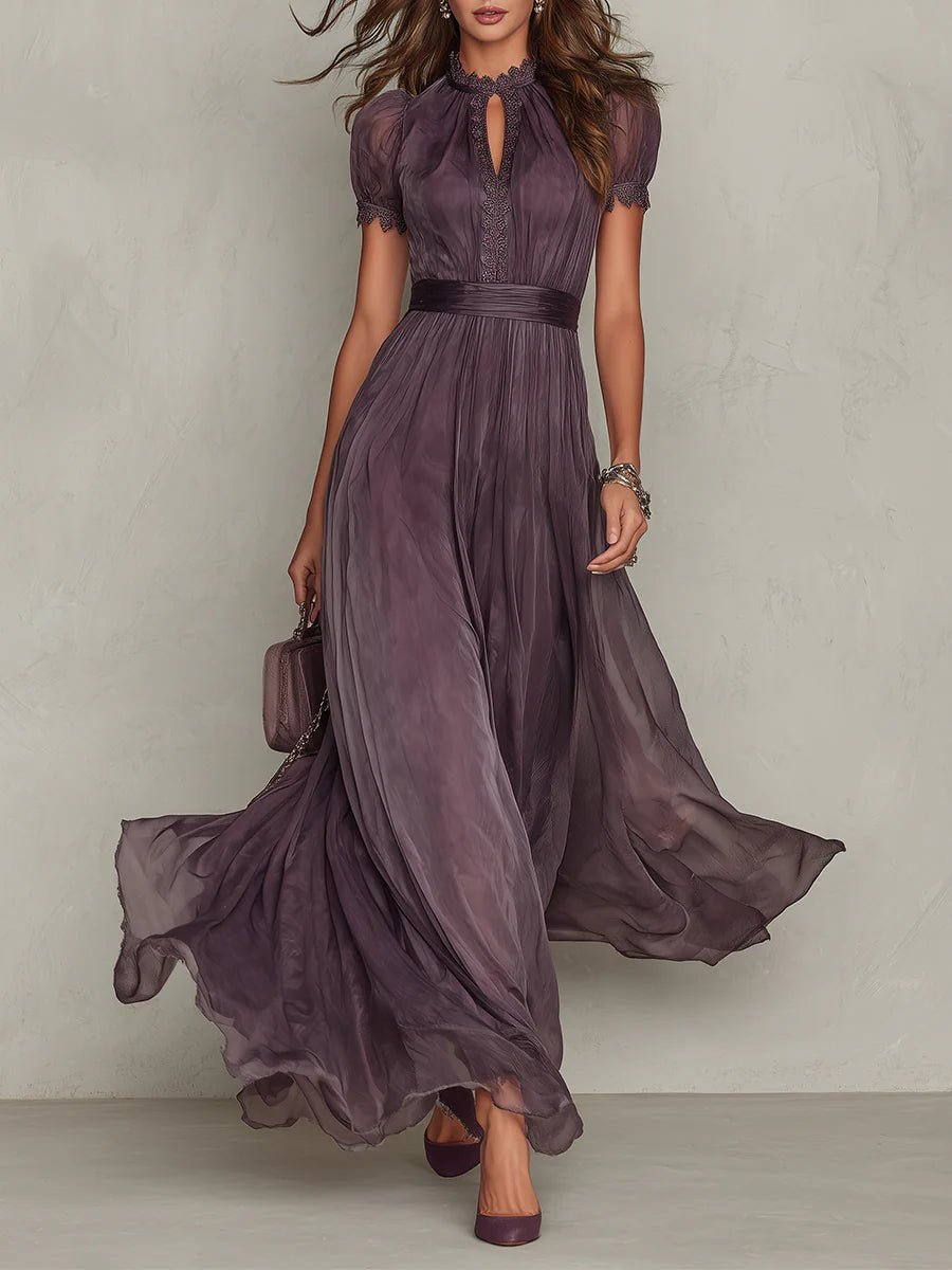 Women's Short Sleeve Keyhole Lace-Trim Chiffon Maxi Dress - Purple
