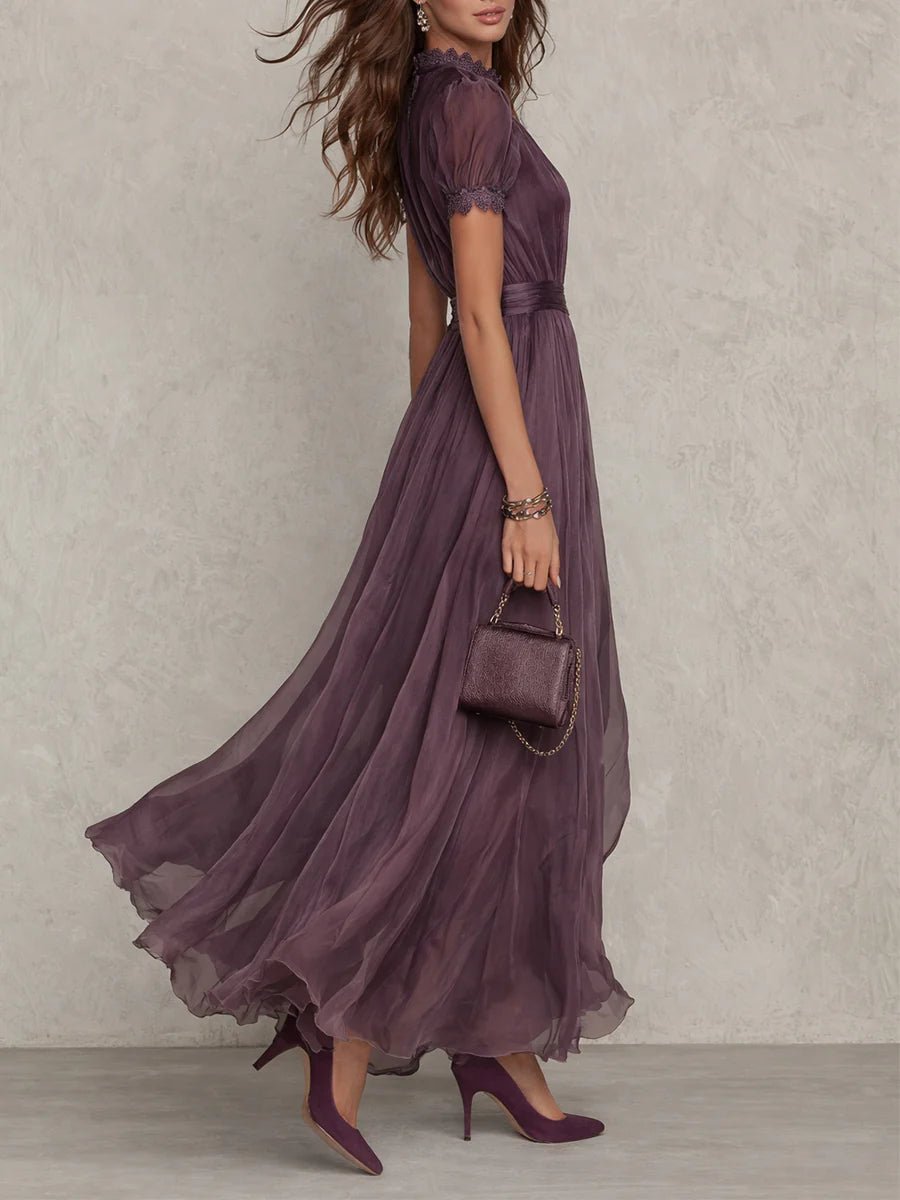 Women's Short Sleeve Keyhole Lace-Trim Chiffon Maxi Dress