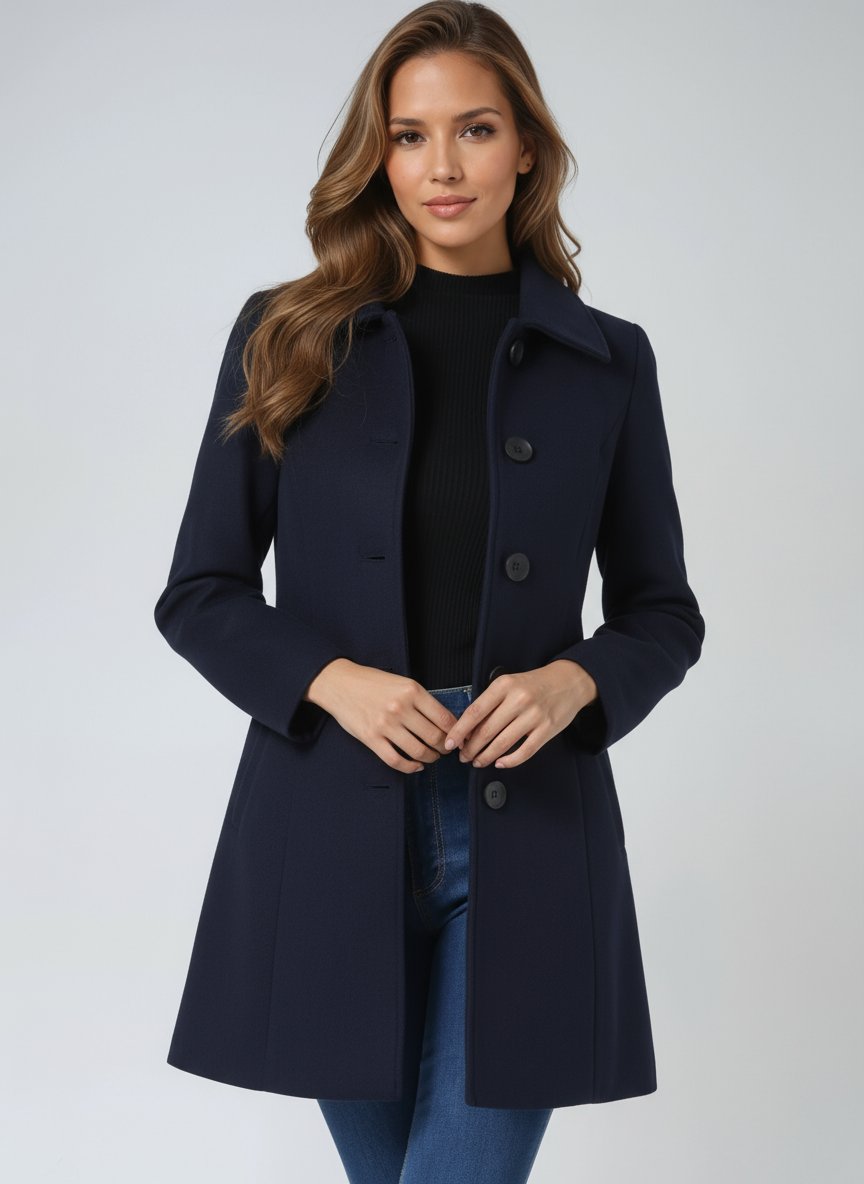 Women's Single-Breasted Structured Winter Trench Coat - Dark Blue