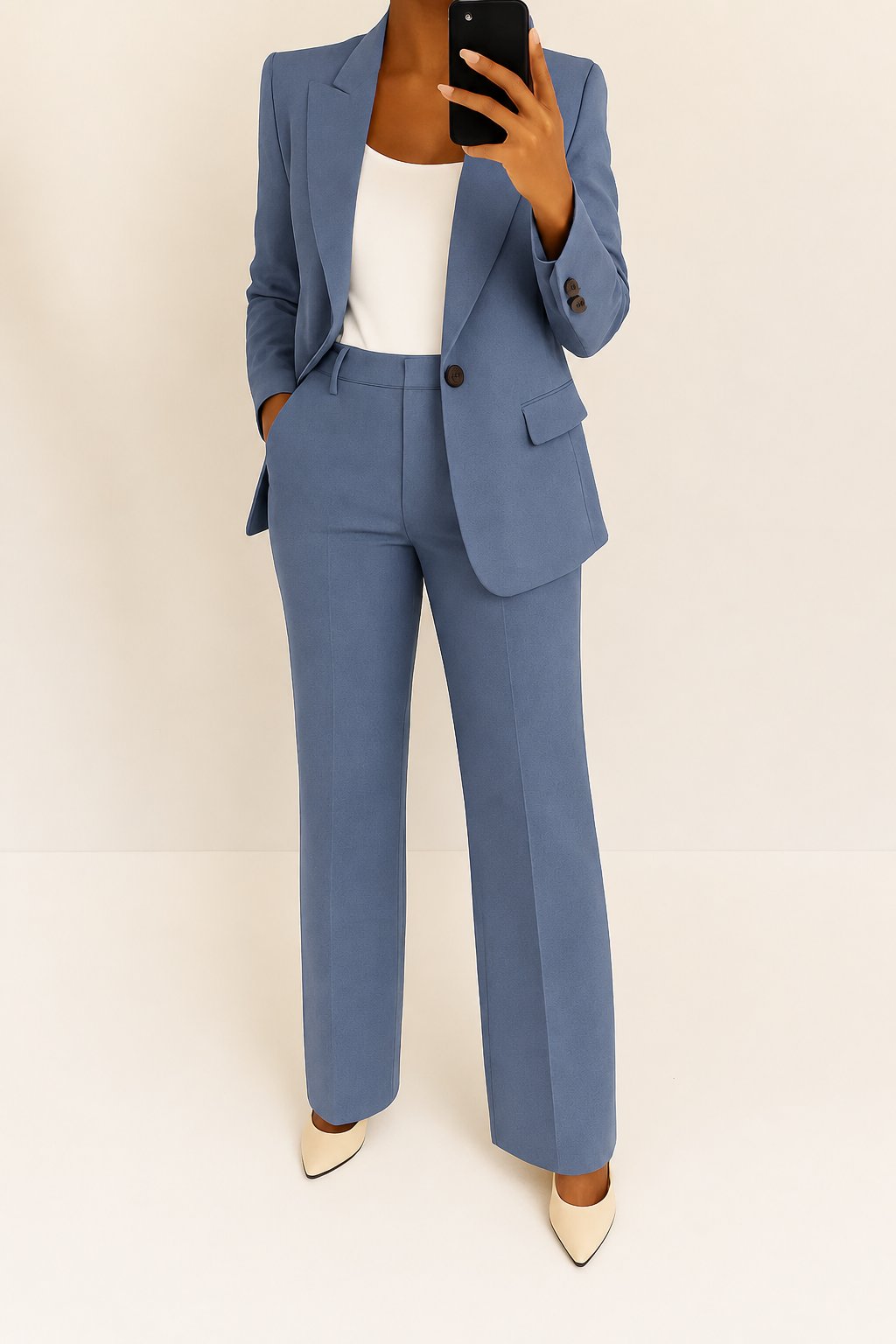 Women's Single-Button Straight-Leg Two-Piece Tailored Suit - Blue