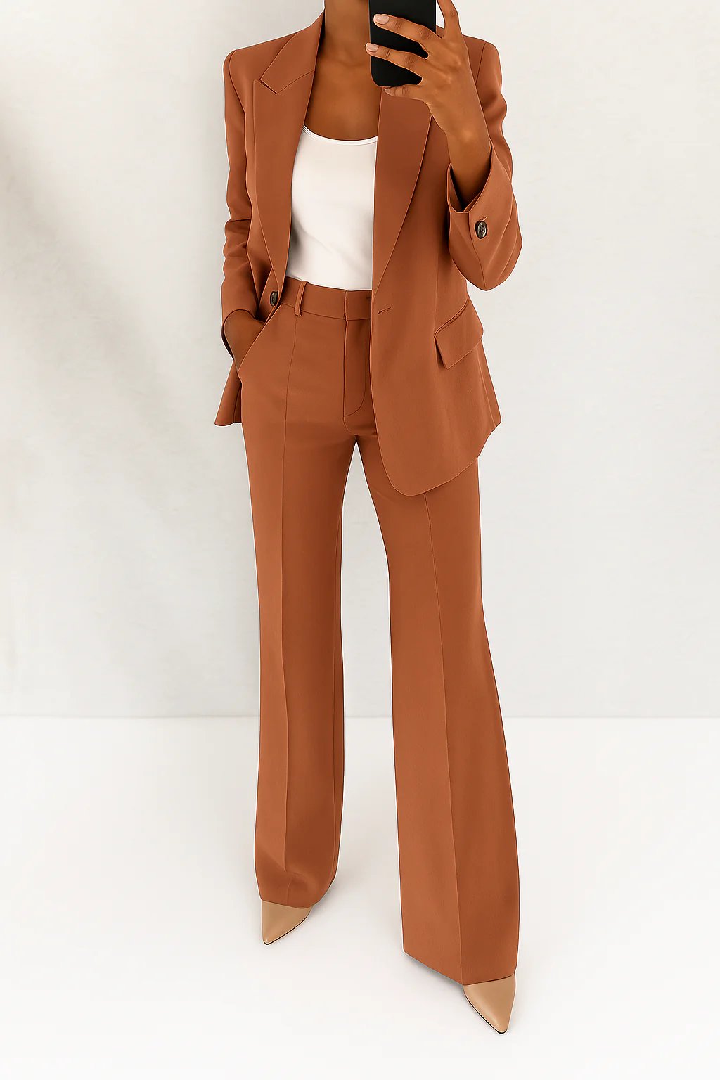 Women's Single-Button Straight-Leg Two-Piece Tailored Suit - Brown