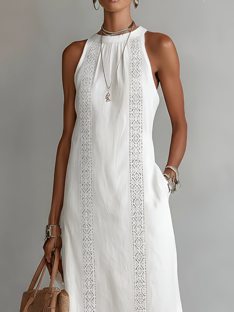 Women's Sleeveless Embroidered Round-Neck Midi Dress