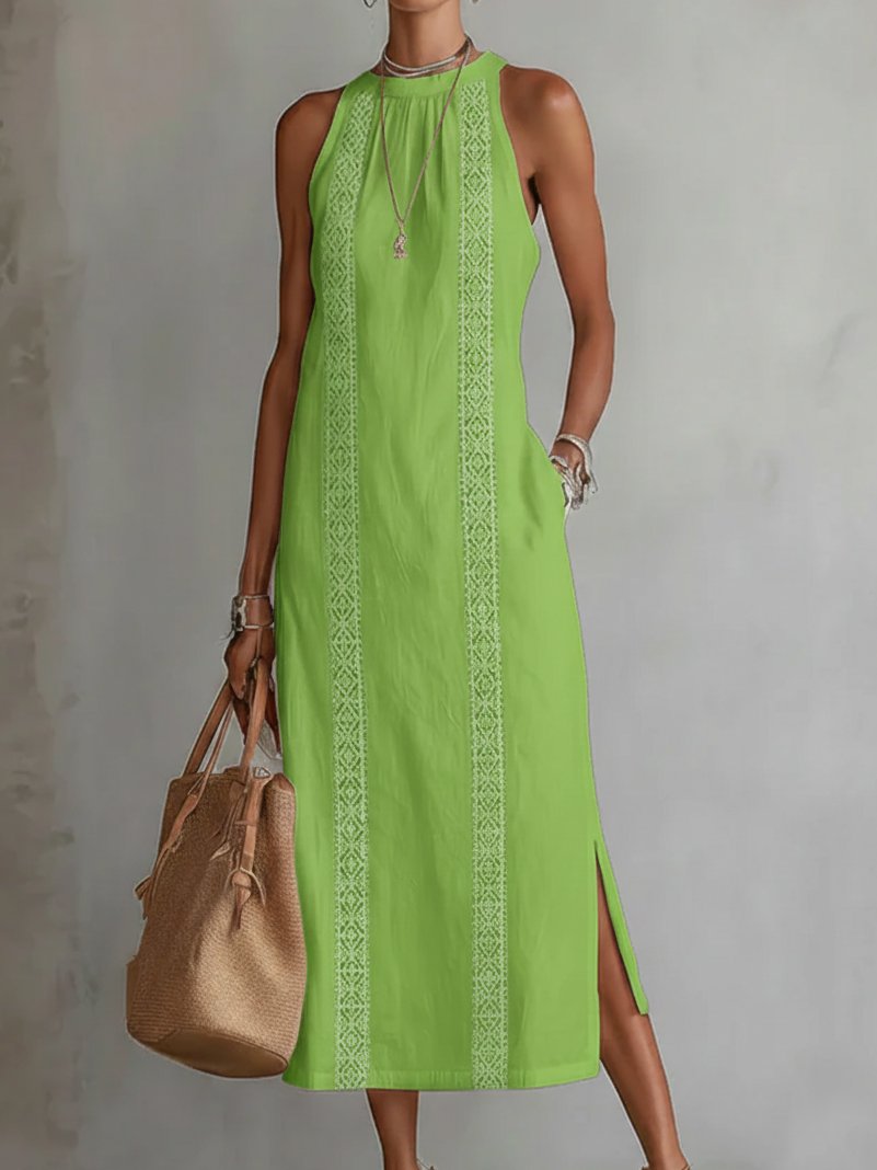 Women's Sleeveless Embroidered Round-Neck Midi Dress - Green