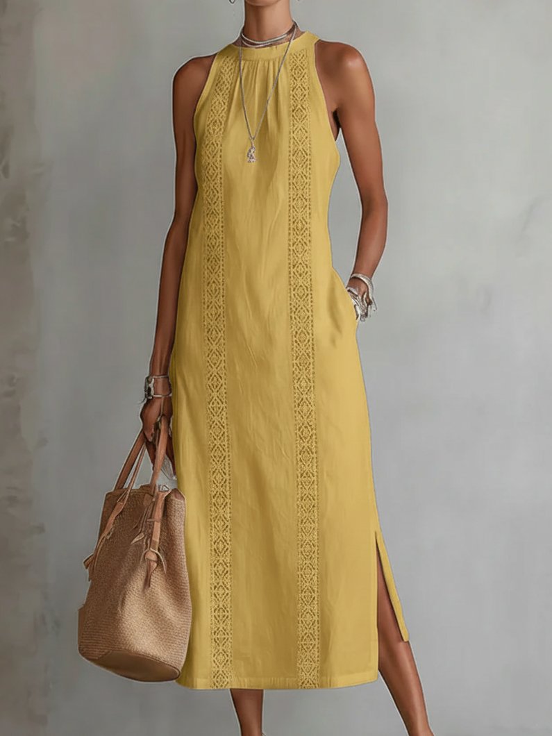 Women's Sleeveless Embroidered Round-Neck Midi Dress - Yellow