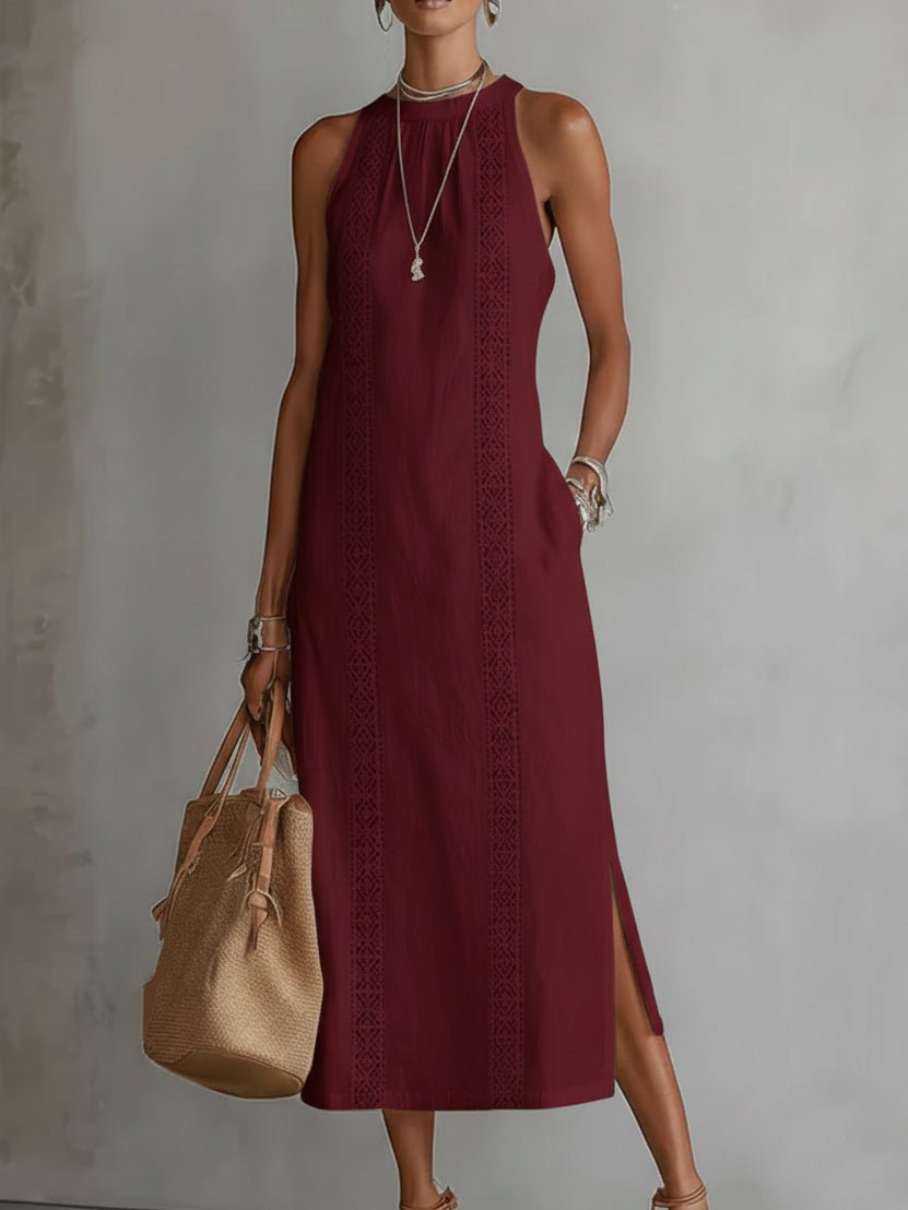 Women's Sleeveless Embroidered Round-Neck Midi Dress - Red