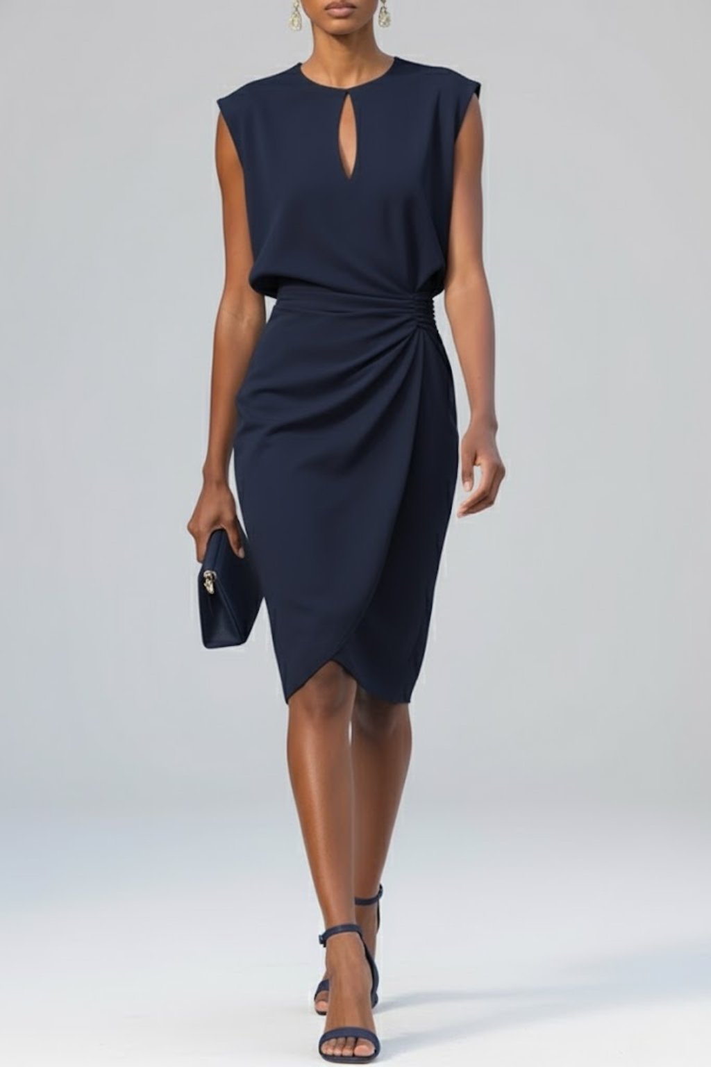 Women's Sleeveless Keyhole-Neck Ruched Midi Dress - Marineblauw