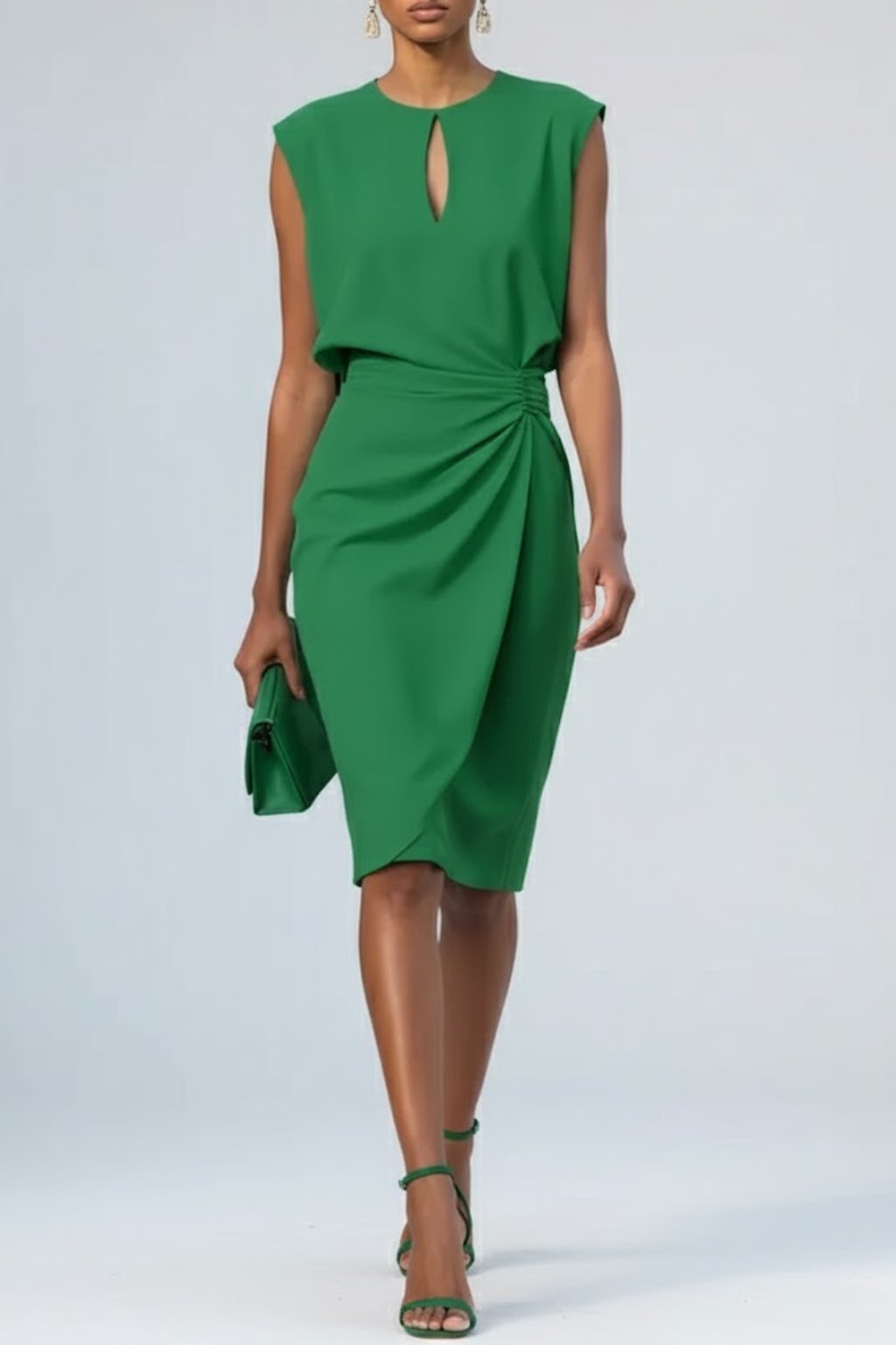 Women's Sleeveless Keyhole-Neck Ruched Midi Dress - Groen