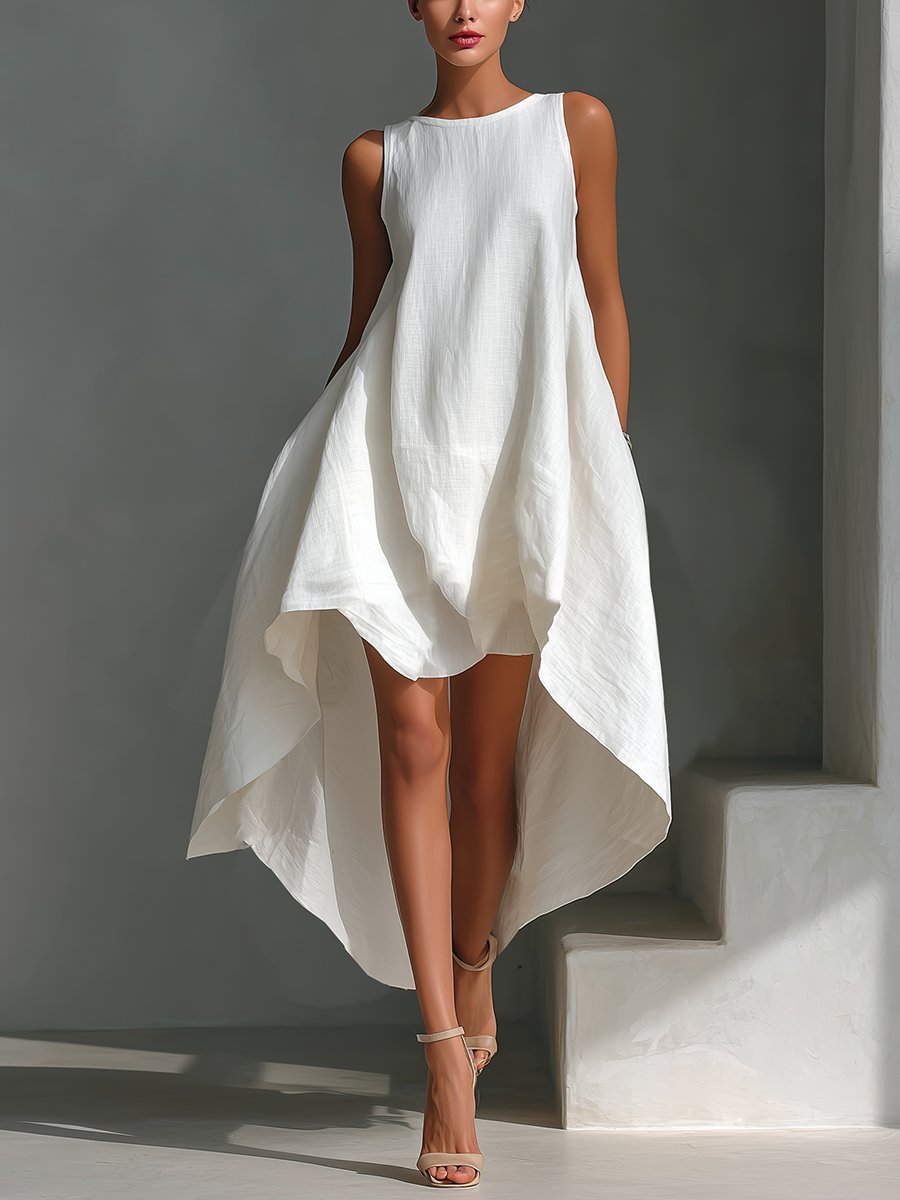 Women's Sleeveless Linen Asymmetric Handkerchief Hem Midi Dress - White